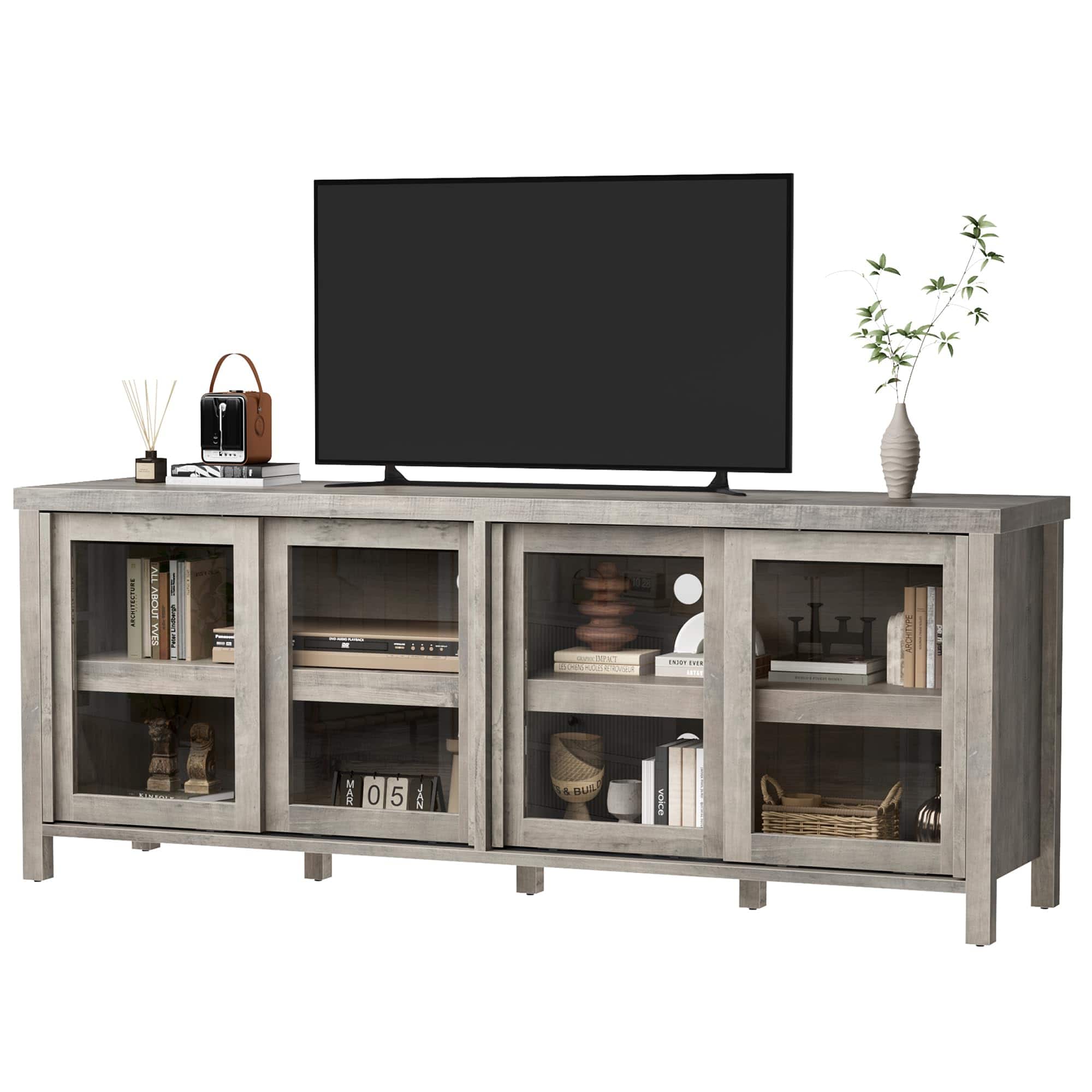 GARVEE - TV Stand for 65 Inch with Storage Cabinet and 4 Sliding Glass Doors, Mid Century Modern Media TV Console Table - Gray