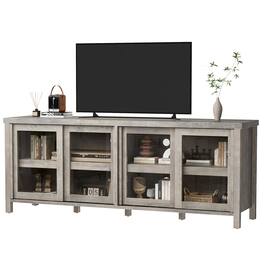 GARVEE - TV Stand for 65 Inch with Storage Cabinet and 4 Sliding Glass Doors, Mid Century Modern Media TV Console Table - Gray