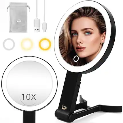 Front. Cedar Assembly - Mirror LED Lighted Magnifying Rechargeable Portable Vanity Makeup Multi-Color Double-Sided Compact - T-black.