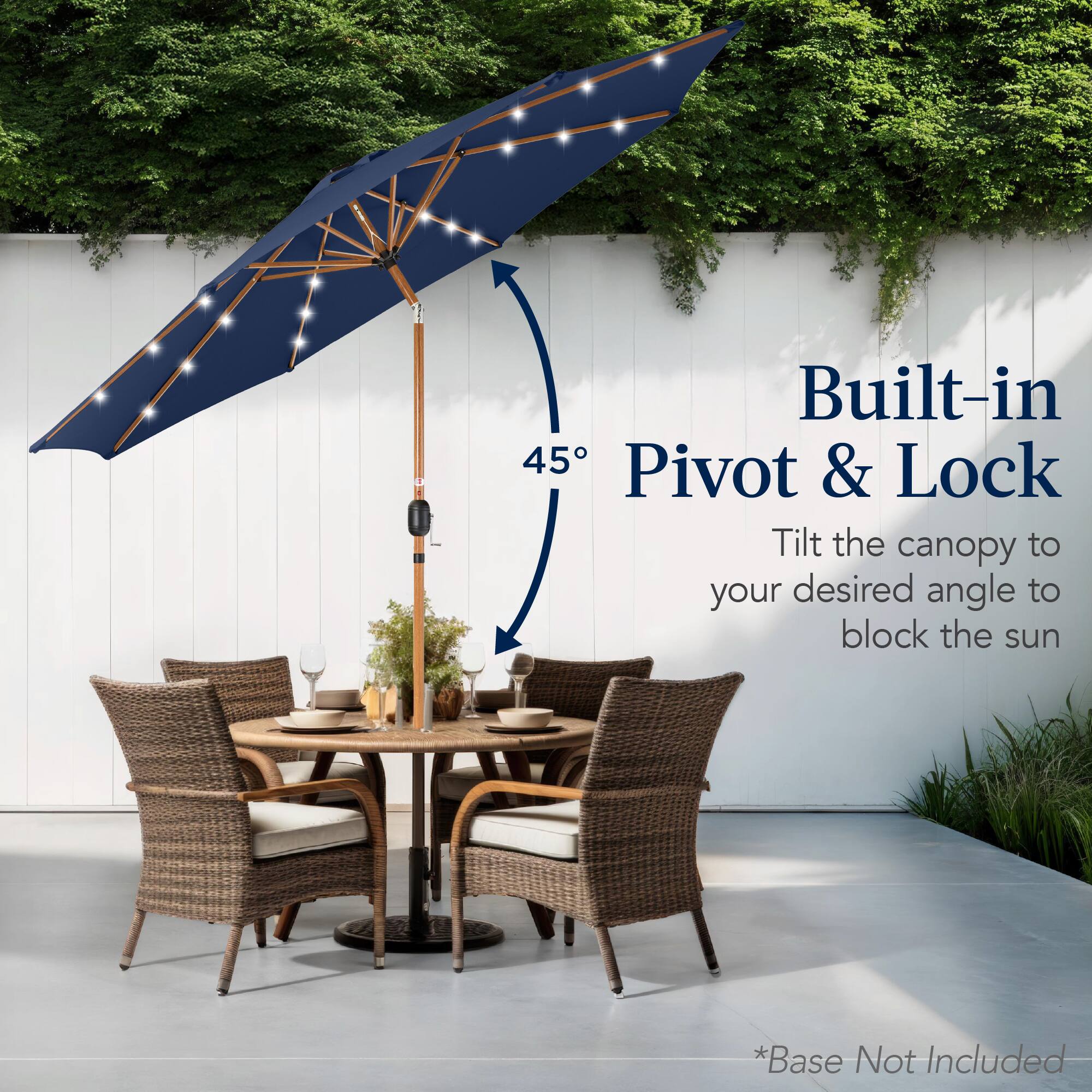 Built-in 45° Pivot & Lock: Tilt the canopy to your desired angle to block the sun. *Base Not Included