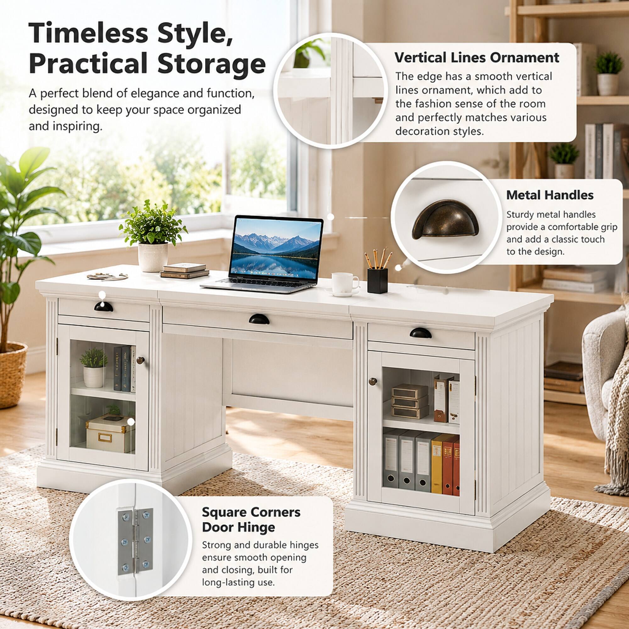 Timeless Style, Practical Storage  
A perfect blend of elegance and function, designed to keep your space organized and inspiring.

Vertical Lines Ornament  
The edge has a smooth vertical lines ornament, which add to the fashion sense of the room and perfectly matches various decoration styles.

Metal Handles  
Sturdy metal handles provide a comfortable grip and add a classic touch to the design.

Square Corners Door Hinge  
Strong and durable hinges ensure smooth opening and closing, built for long-lasting use.