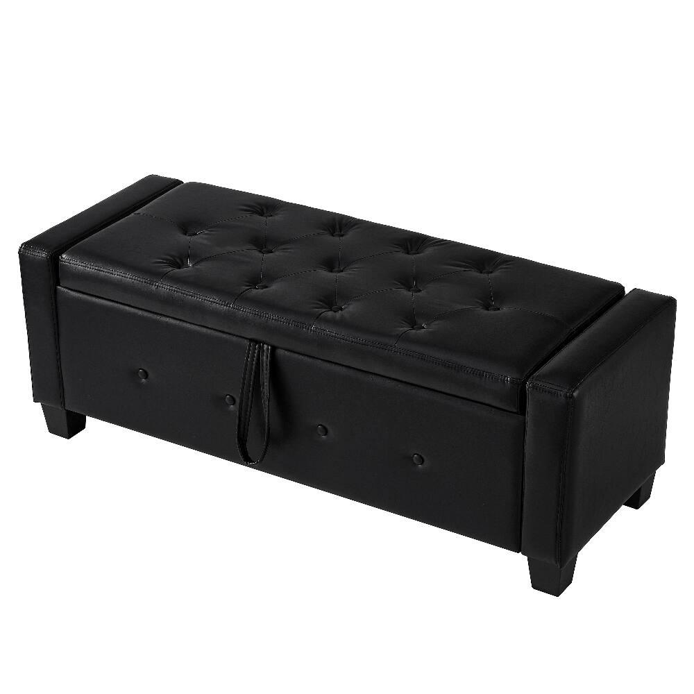 Alt View 7. Ropilly - Ropilly 48 Inch Tufted Black Faux Leather Storage Ottoman Bench for Bedroom Entryway - Black.