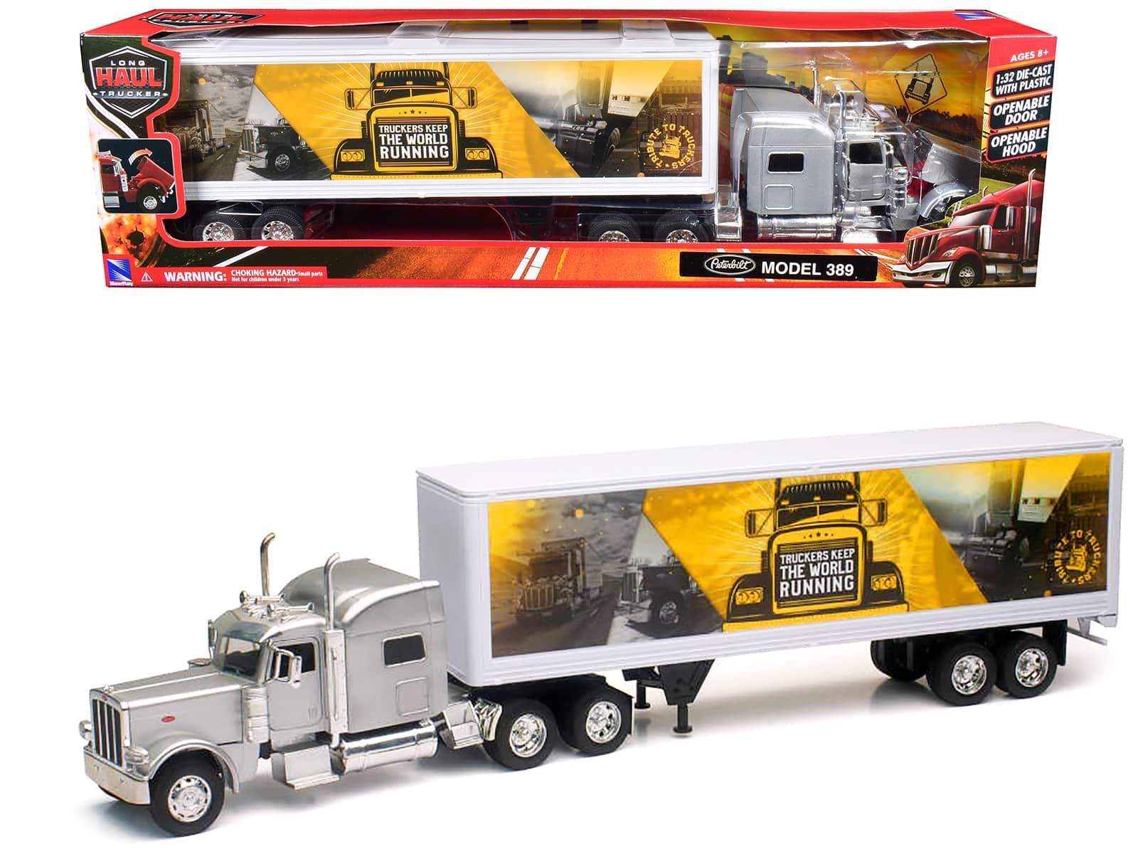 "Peterbilt 389 Truck Silver Metallic with Dry Van Trailer ""Trucker Keep The World Running"" 1/32 Diecast Model by New Ray" price history on PriceWatchPro