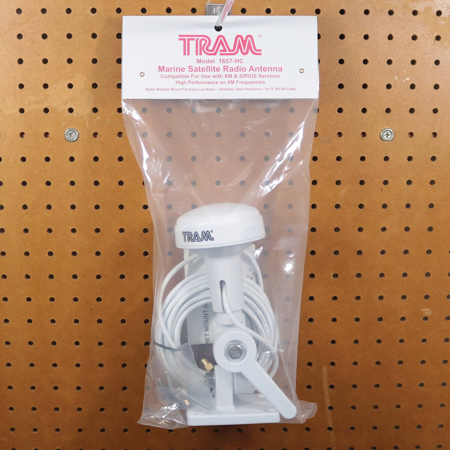 TRAM  
Model 1657-HC  
Marine Satellite Radio Antenna  
Compatible For Use with XM & SIRIUS Services  
High Performance on XM Frequencies  
Nylon Ratchet Mount For Easy Lay-Down - Stainless Steel Hardware - 25' RG-58 Cable  

TRAM  
Model 1657-HC  
Marine Satellite Radio Antenna  
Compatible For Use with XM & SIRIUS Services  
High Performance on XM Frequencies  
Nylon Ratchet Mount For Easy Lay-Down - Stainless Steel Hardware - 25' RG-58 Cable