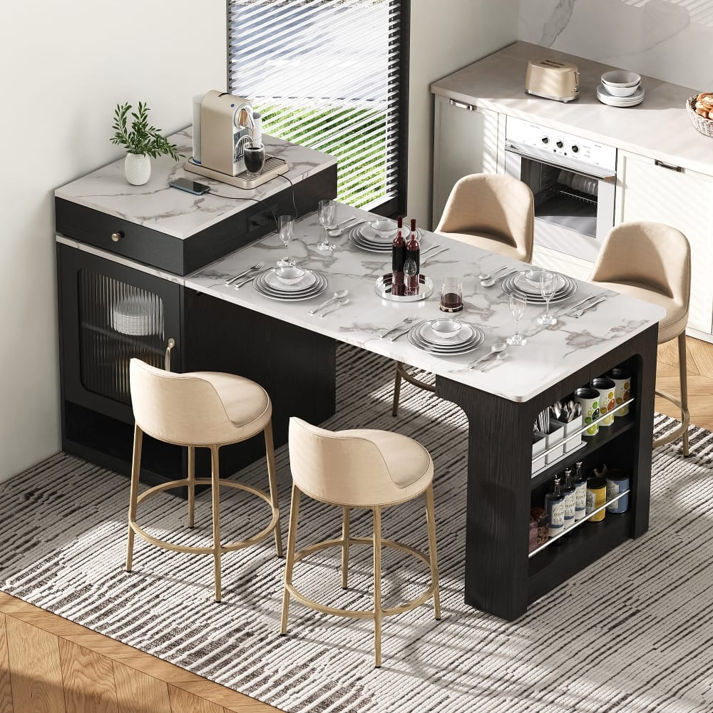 "Loheer - 59.5"" Kitchen Island with Extendable Dining Table, Kitchen Storage Table with Power Outlet and Drawers - Black" price history on PriceWatchPro