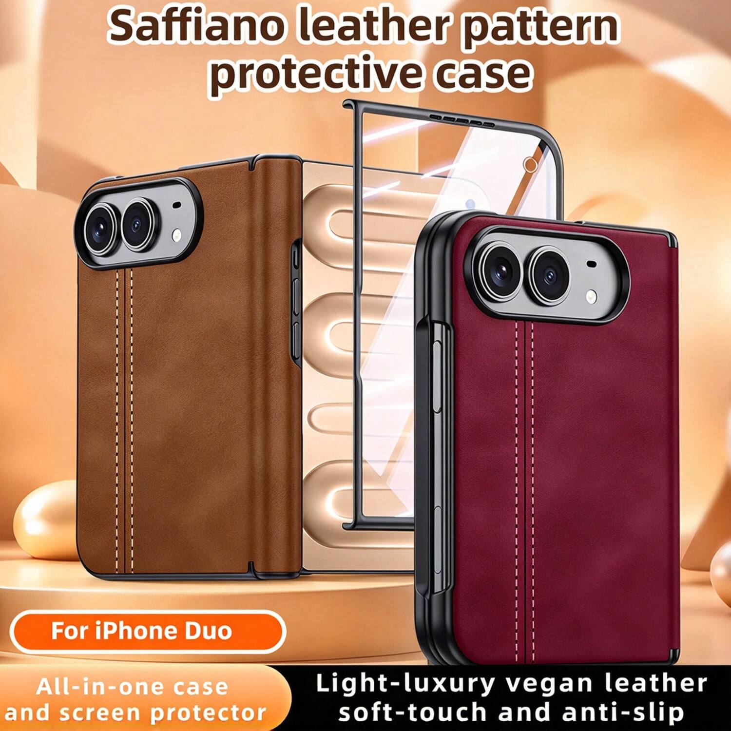 Saffiano leather pattern protective case  
For iPhone Duo  
All-in-one case Light-luxury vegan leather and screen protector soft-touch and anti-slip