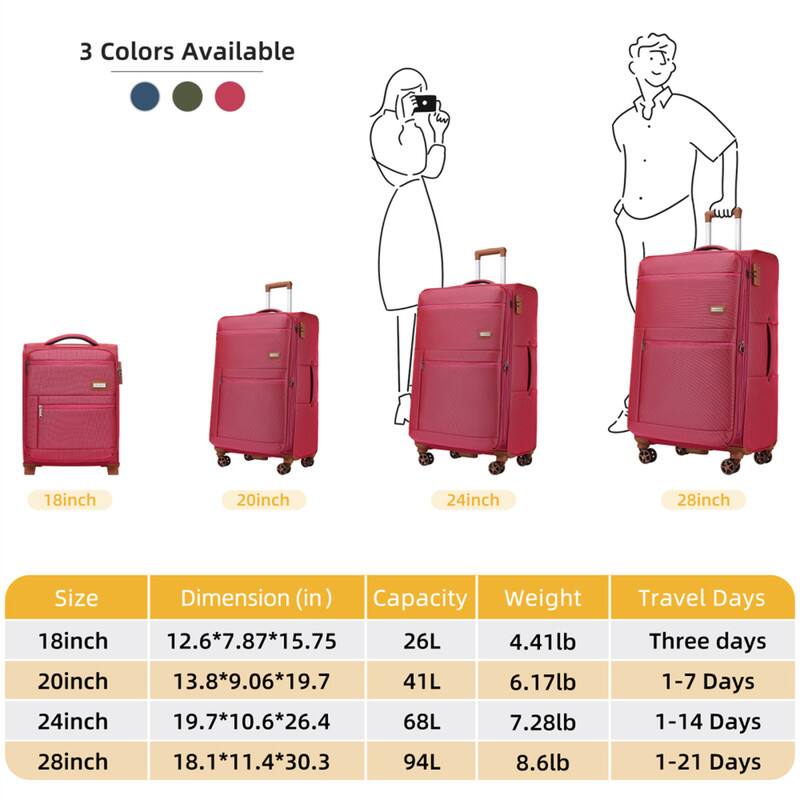3 Colors Available

Size | Dimension (in) | Capacity | Weight | Travel Days
--- | --- | --- | --- | ---
18inch | 12.6*7.87*15.75 | 26L | 4.41lb | Three days
20inch | 13.8*9.06*19.7 | 41L | 6.17lb | 1-7 Days
24inch | 19.7*10.6*26.4 | 68L | 7.28lb | 1-14 Days
28inch | 18.1*11.4*30.3 | 94L | 8.6lb | 1-21 Days