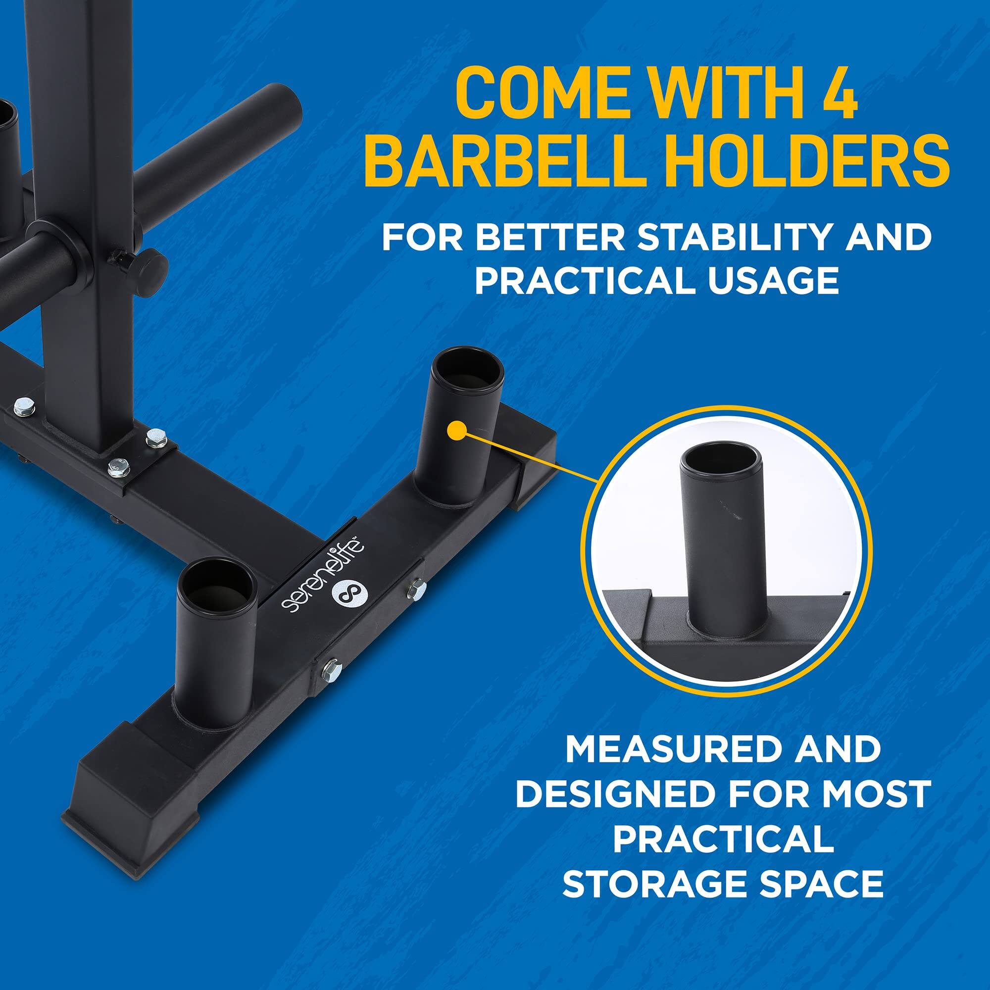 COME WITH 4 BARBELL HOLDERS FOR BETTER STABILITY AND PRACTICAL USAGE

MEASURED AND DESIGNED FOR MOST PRACTICAL STORAGE SPACE