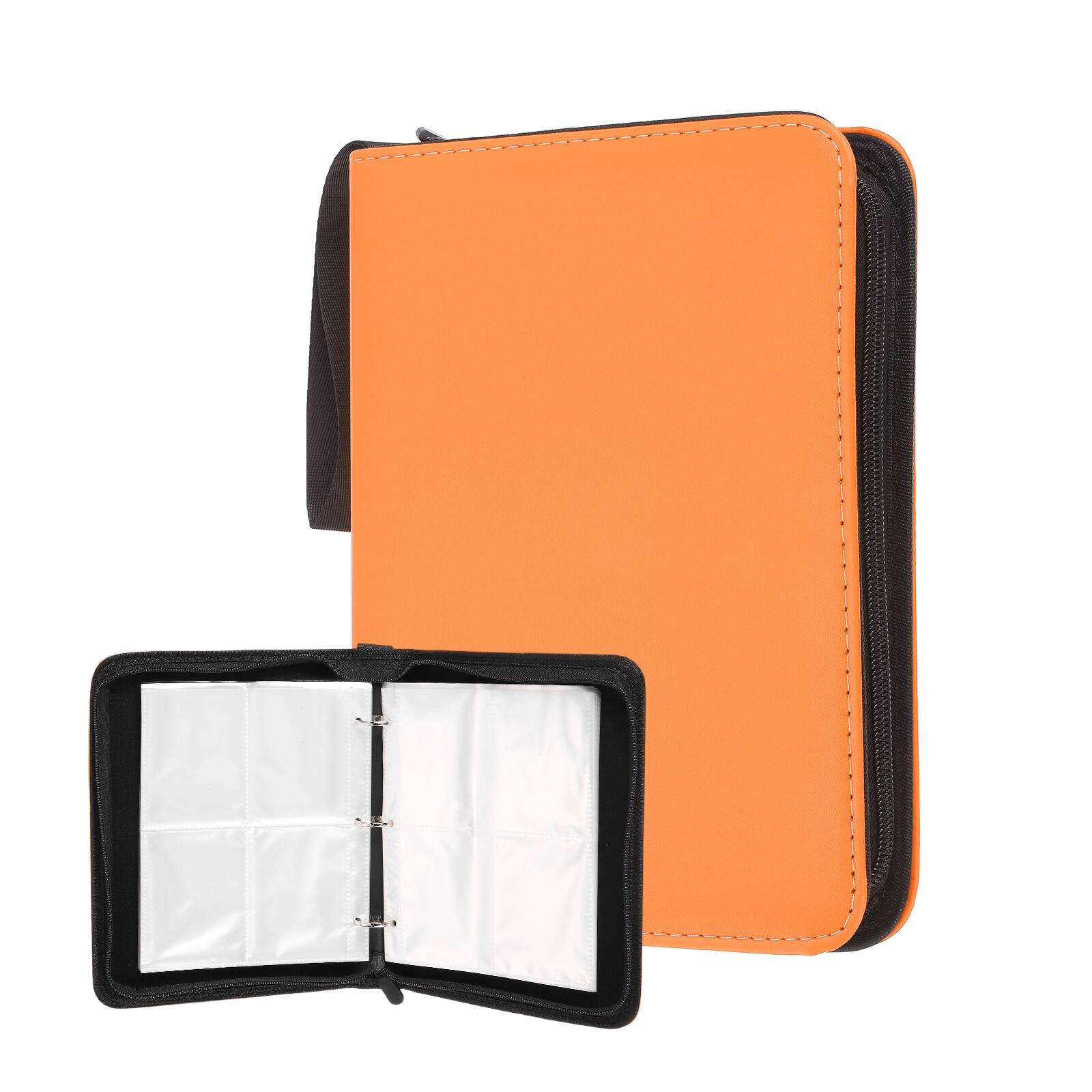 Front. Unique Bargains - 4 Pocket Trading Card Binder, Holds 400 Top Loaders Smooth PU Cover with Zipper for TCG Game Sports - Orange.