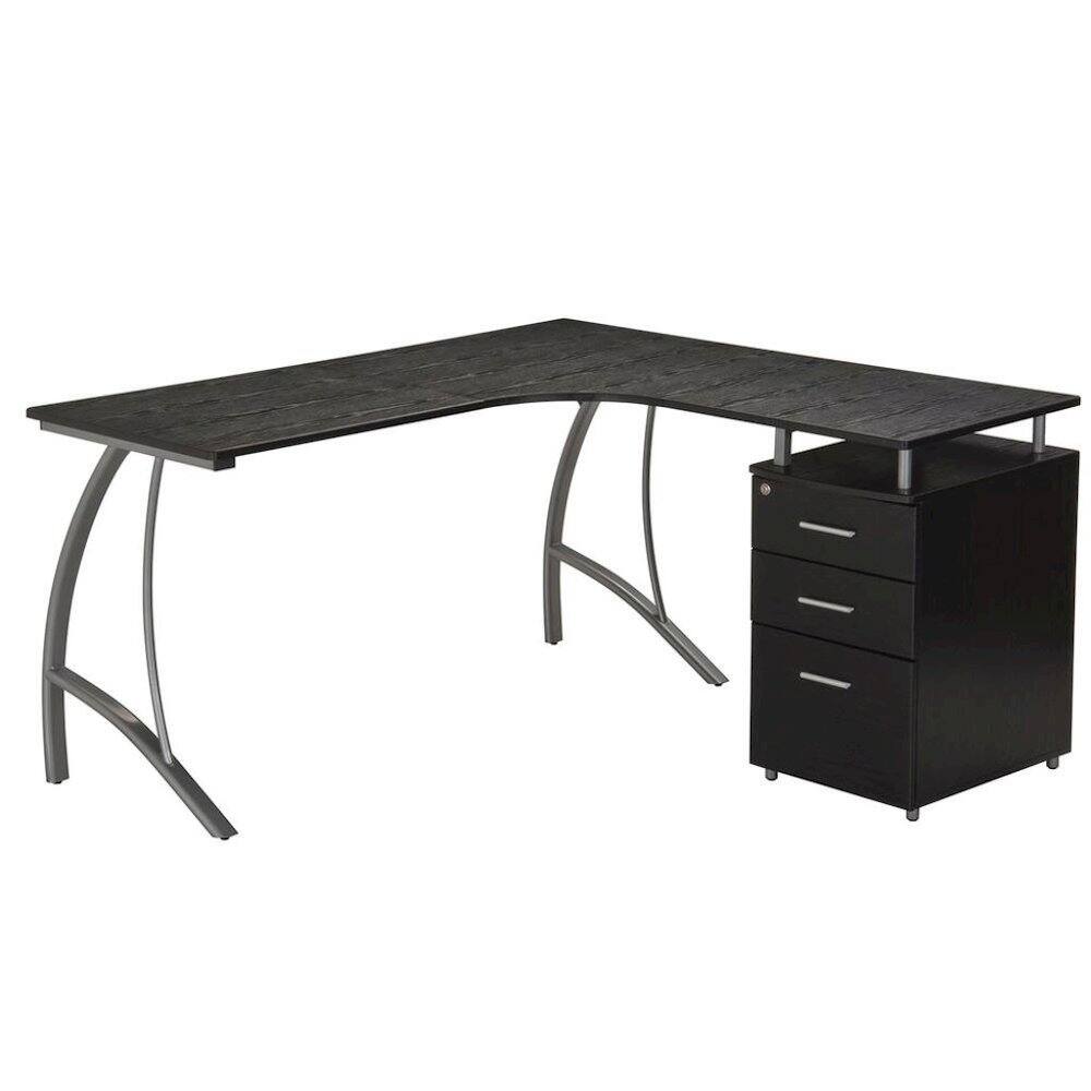 Angle. FurniFact - Brown L Shaped Desk With 3 Drawers, Steel Frame Corner Computer Desk - Brown.