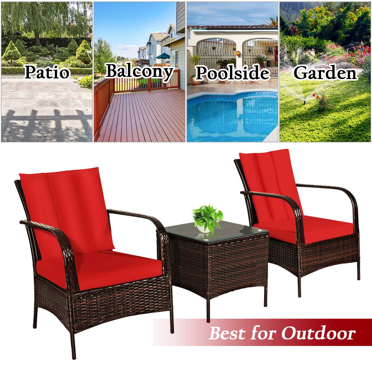 The text on the image is grouped as follows:

1. Patio
2. Balcony
3. Poolside
4. Garden
5. Best for Outdoor