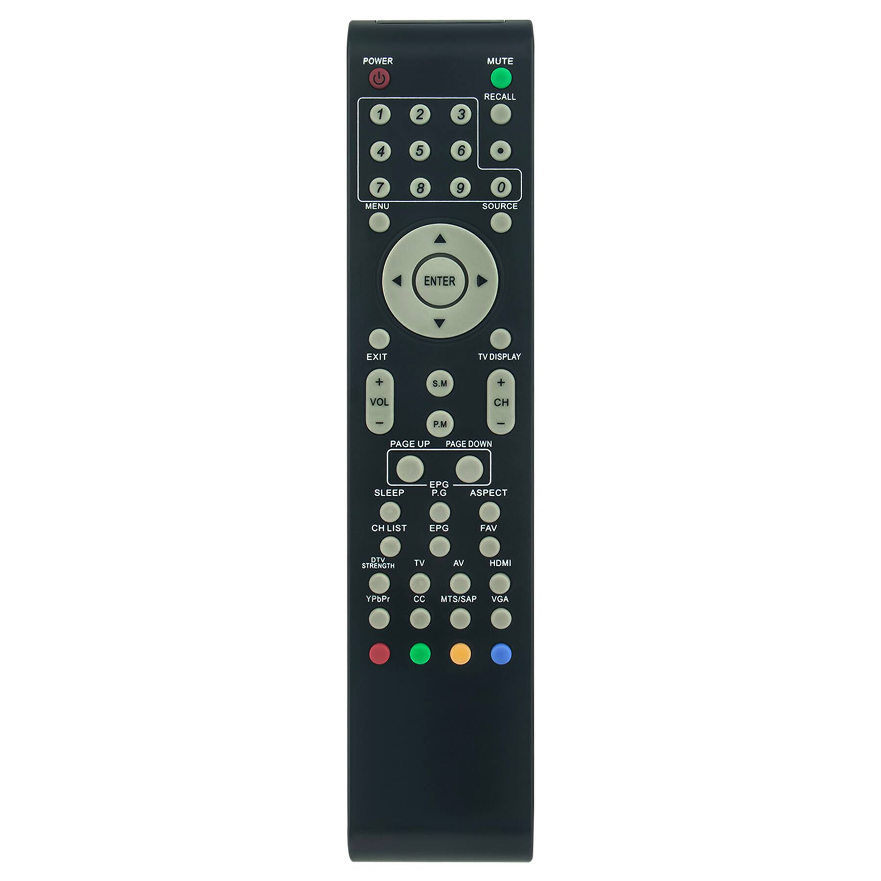 POWER MUTE 1 2 3 RECALL 4 5 6 7 8 9 0 SOURCE ENTER EXIT TV DISPLAY + SM + VOL CH - PM PAGE UP PAGE DOWN SLEEP EPG P.G ASPECT CH LIST EPG FAV TV STRENGTH TV YPPr CC MTS/SAP VGA