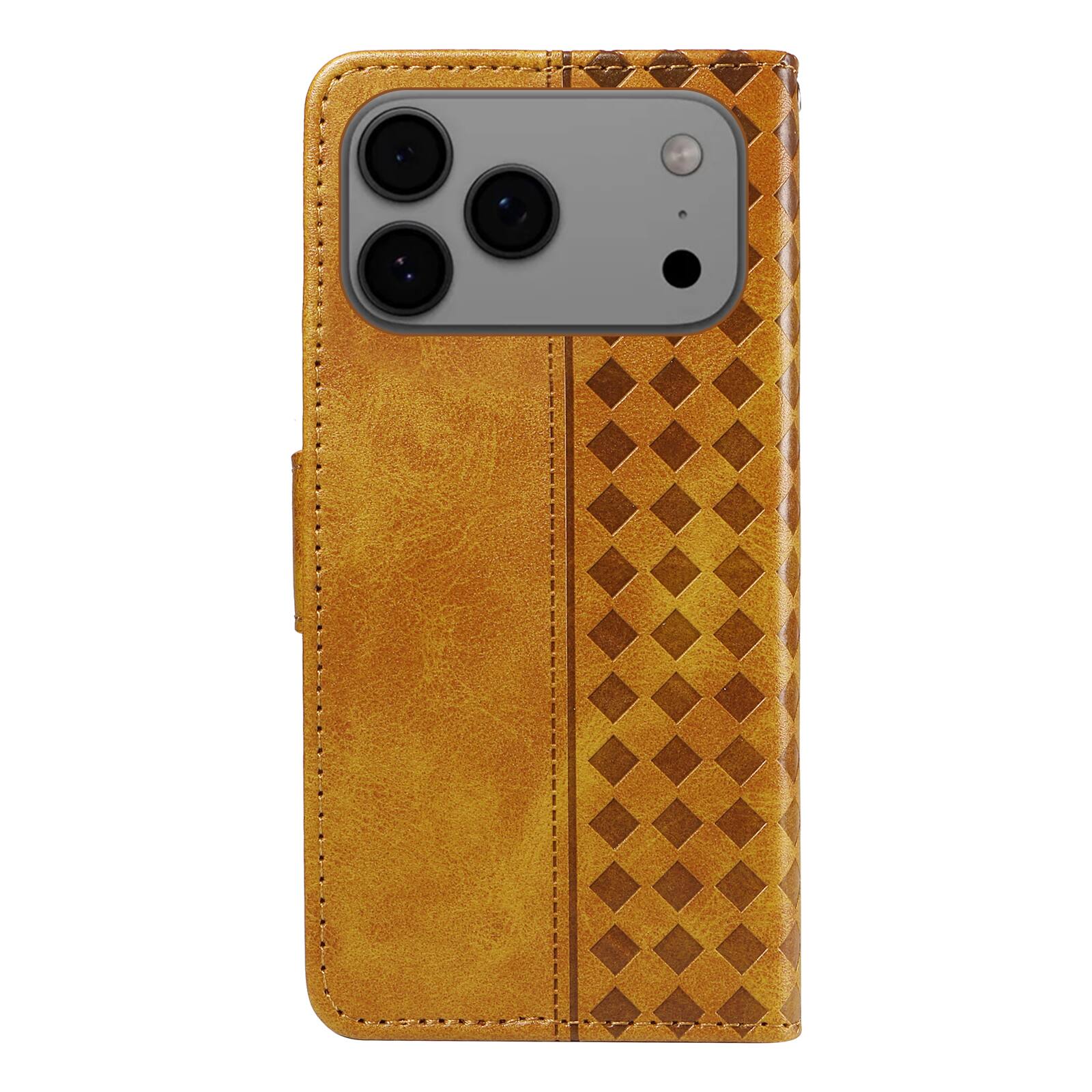 Back. Dteck - Magnetic Wallet Pocket Case For Apple iPhone 17 Pro, Shockproof Faux Leather Card Pocket Wrist Strap Cover - Yellow.