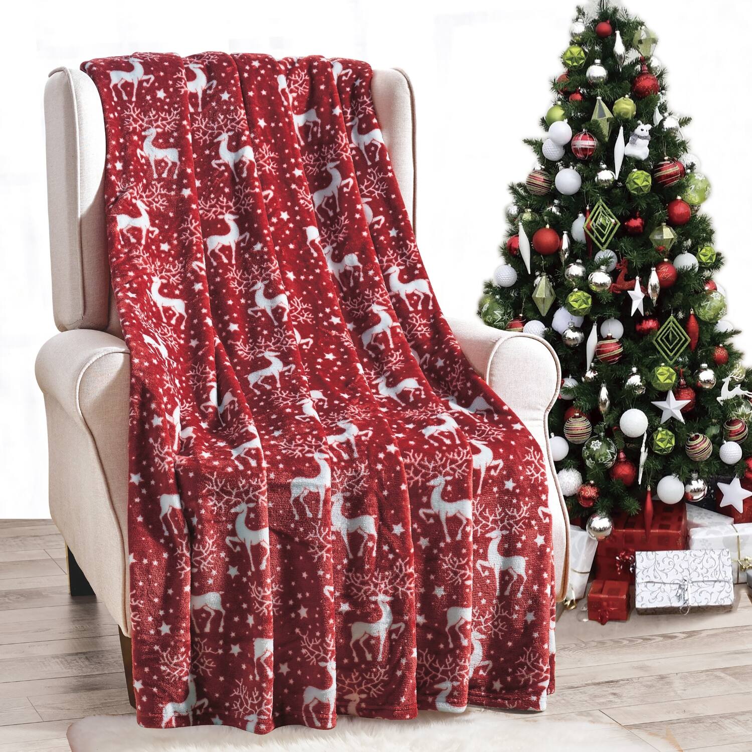Alt View 1. Noble House - Plazatex Reindeer Christmas Plush All Season Decorative Throw Blanket 50" X 60" Red - Red.