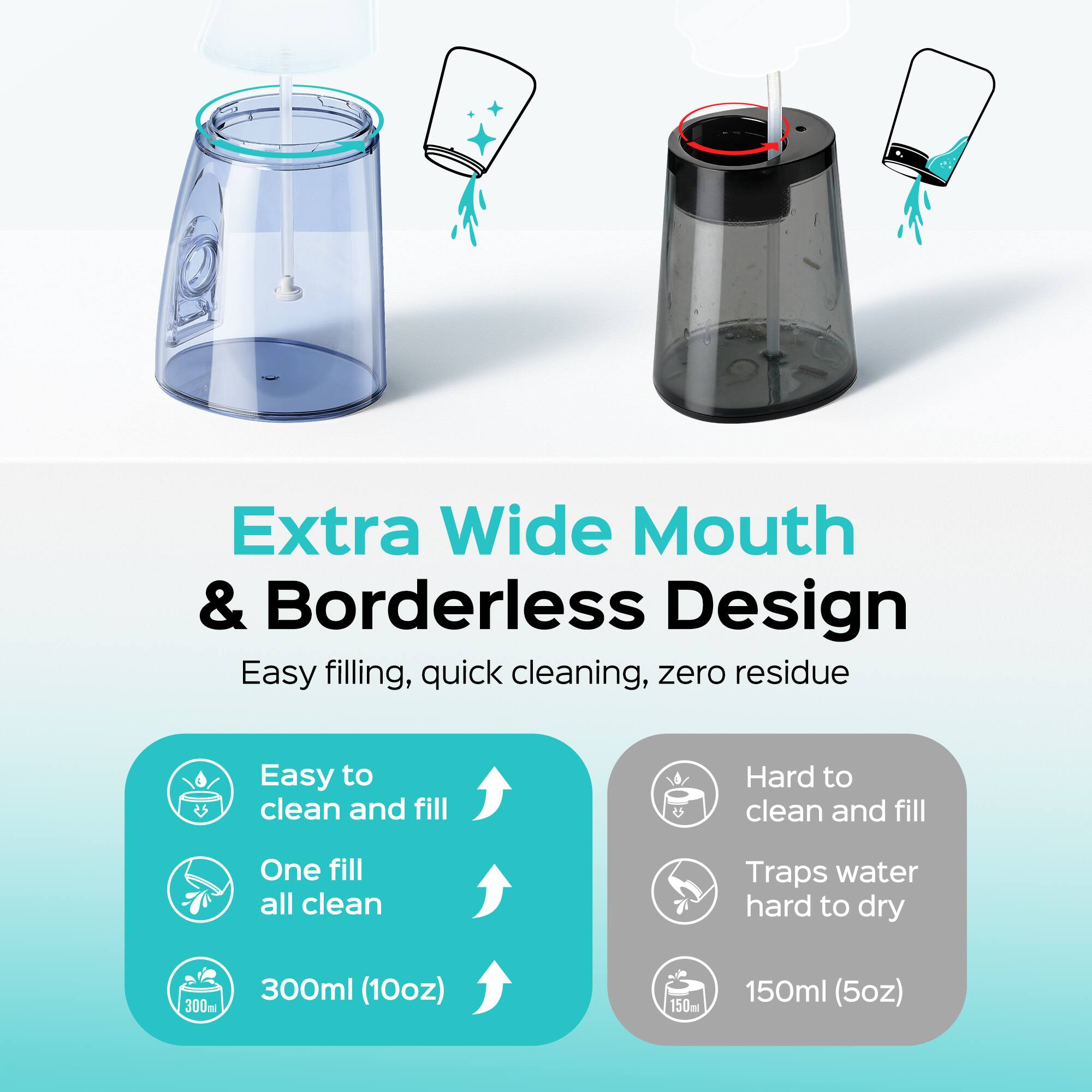 Extra Wide Mouth & Borderless Design  
Easy filling, quick cleaning, zero residue  
Easy to clean and fill  
One fill all clean  
Traps water hard to dry  
300ml (10oz)  
150ml (5oz)
