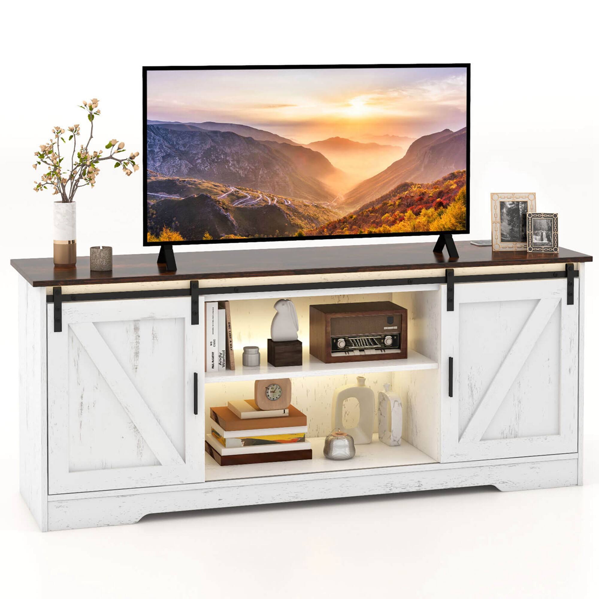 Front. Costway - TV Stand for 65” TVs with LED Lights Adjustable Brightness Human Induction - Brushed White.