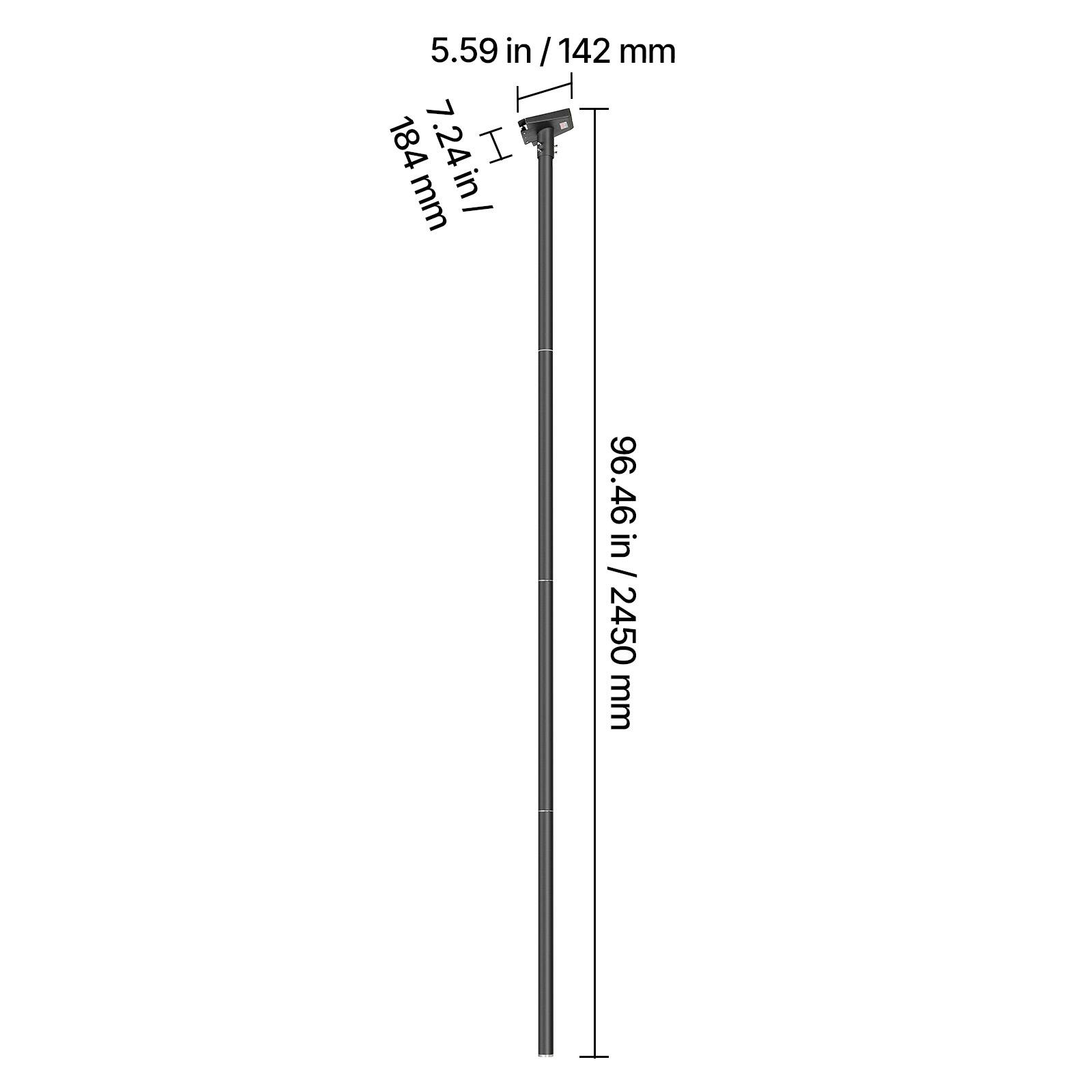 5.59 in / 142 mm, 7.24 in / 184 mm, 96.46 in / 2450 mm