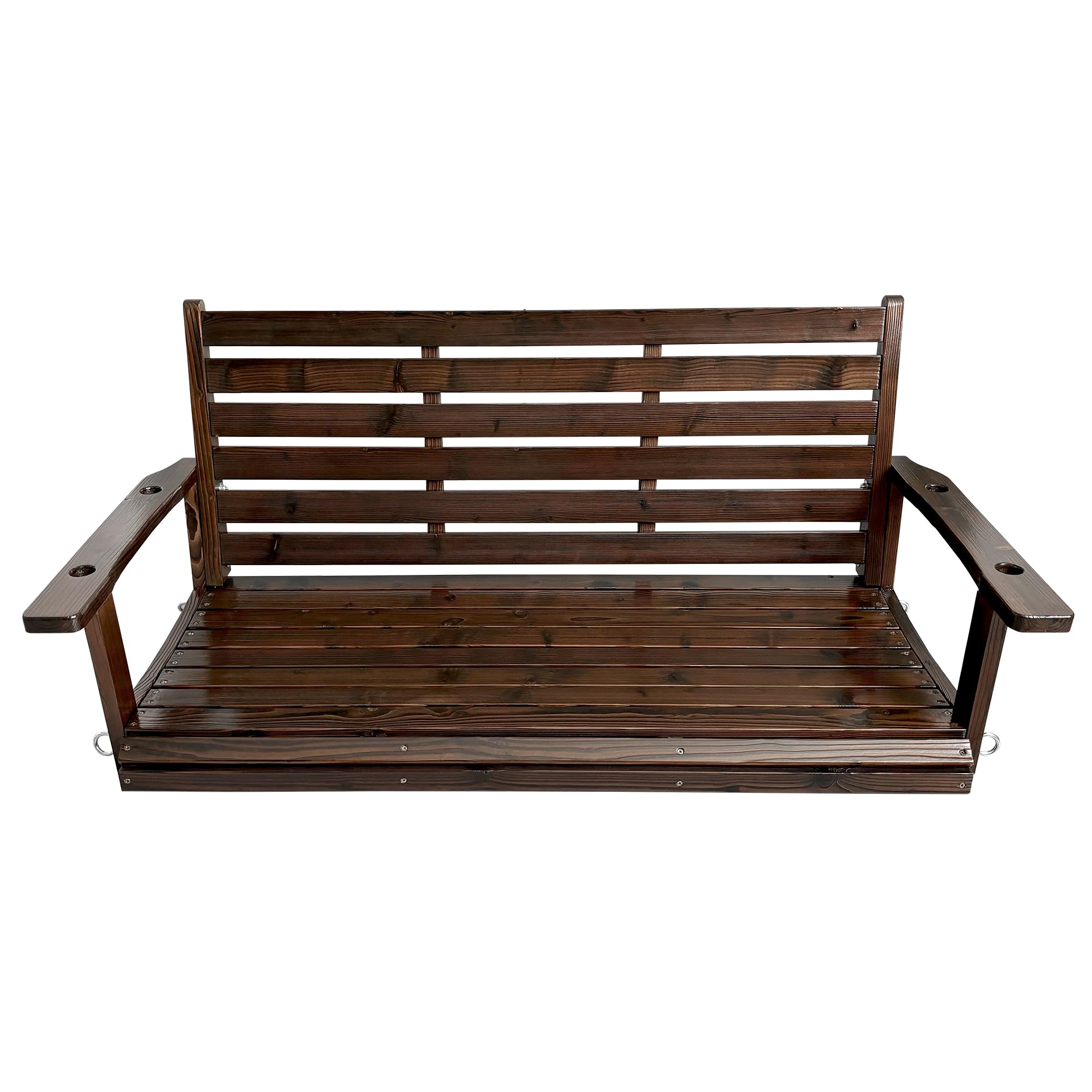 Angle. Fortune Candy - Wooden Porch Swing Bench with Hanging Chains & Springs for Outdoor Patio Garden Yard (2-Seater Extra Large) - Deep Brown.