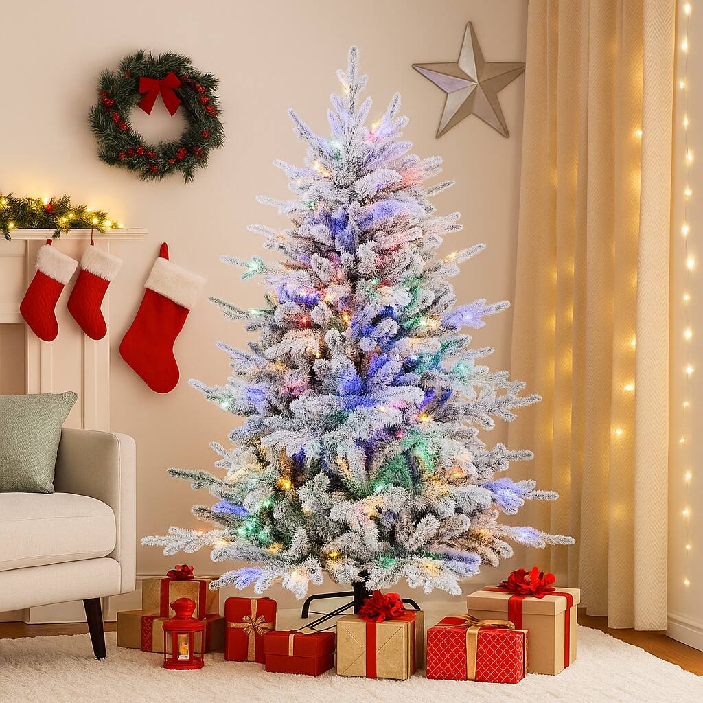 Angle. BreeBe - Flocked Holiday Tree with 8 Lighting Modes – 4.5/6/7ft and Multicolor LEDs - Green.