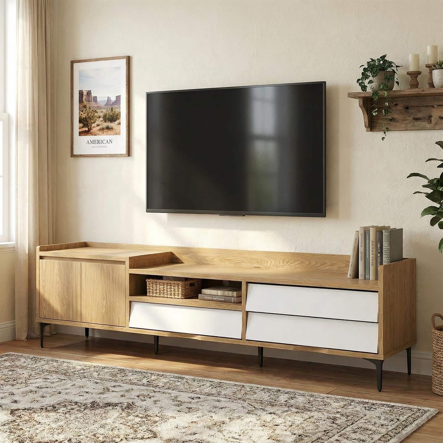 Pefilos - TV for TVs up to 80 Mid Century Modern Entertainment with Cabinet Cable TV Stand - White