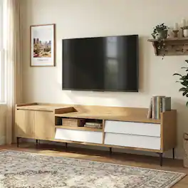 Pefilos - TV for TVs up to 80 Mid Century Modern Entertainment with Cabinet Cable TV Stand - White