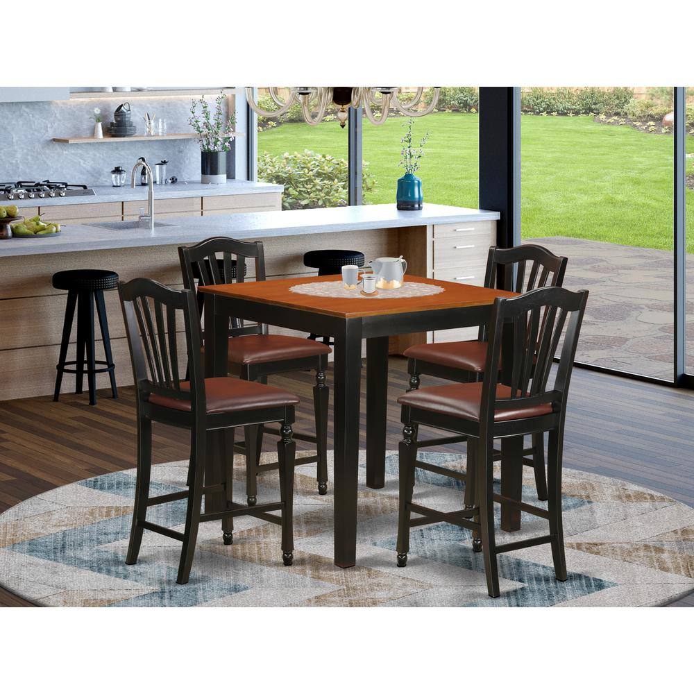 Back. East West Furniture - 5 Pc counter height Kitchen table set - Kitchen dinette Table and 4 Kitchen Dining chair. - Black & Cherry.