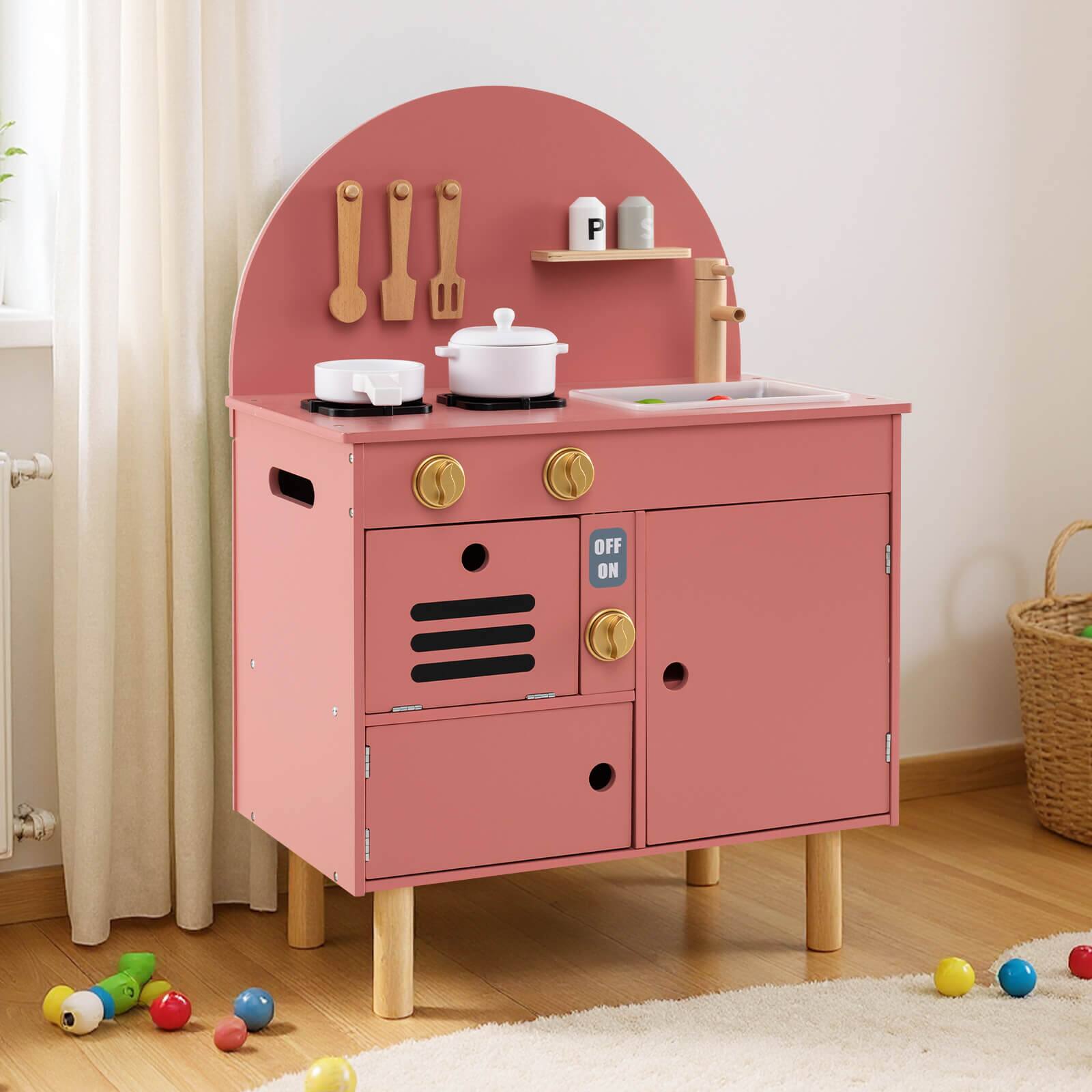 Alt View 1. Costway - Costway Play Kitchen for Kids with Stoves Faucet Sink Microwave Oven Cooking Accessories - Pink.