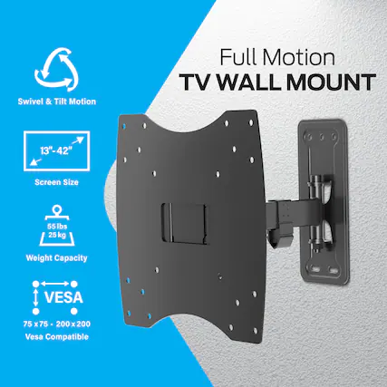 Swivel & Tilt Motion
Full Motion TV WALL MOUNT
13"-42" Screen Size
55 lbs / 25 kg Weight Capacity
VESA 75 x 75 - 200 x 200
Vesa Compatible