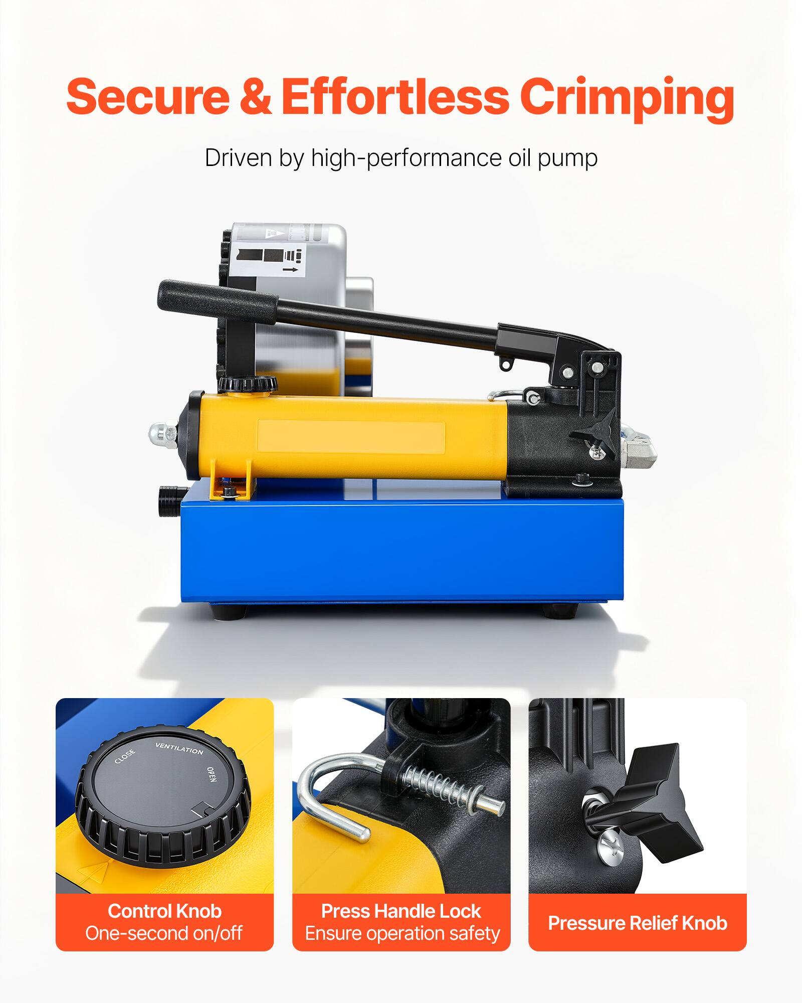 Secure & Effortless Crimping  
Driven by high-performance oil pump  

- Control Knob  
  One-second on/off  

- Press Handle Lock  
  Ensure operation safety  

- Pressure Relief Knob