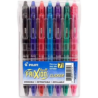 Sure, here is the corrected and grouped text:

**Pilot**

**FRIXION**

**Fine 0.7mm**

**7 Pens**

**Assist. Inks**

**Gel Roller**

**CLICKER**

**ERASABLE | RETRACTABLE | REFILLABLE**

**31472**

**2838**