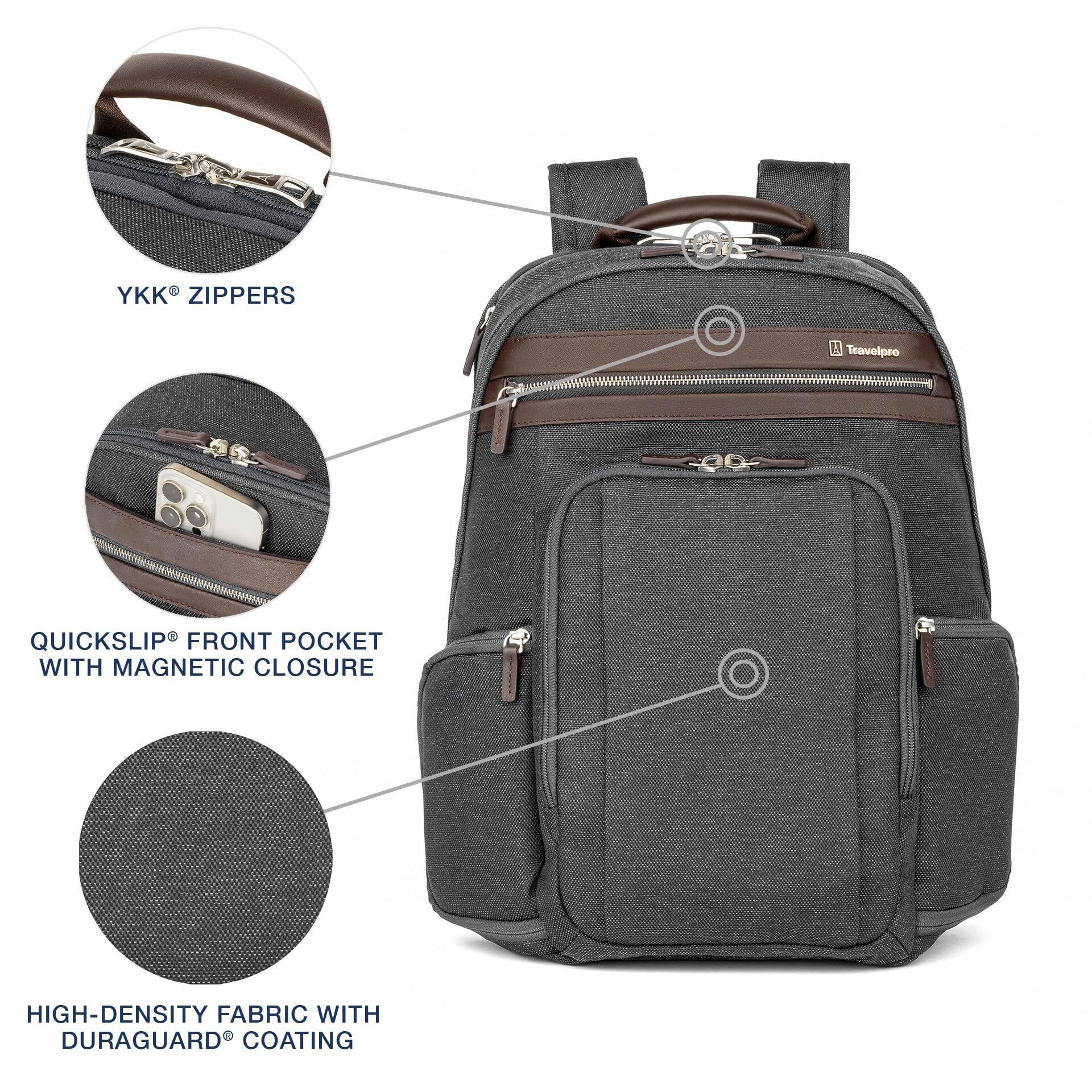 YKK® ZIPPERS  
QUICKSLIP® FRONT POCKET WITH MAGNETIC CLOSURE  
HIGH-DENSITY FABRIC WITH DURAGUARD® COATING