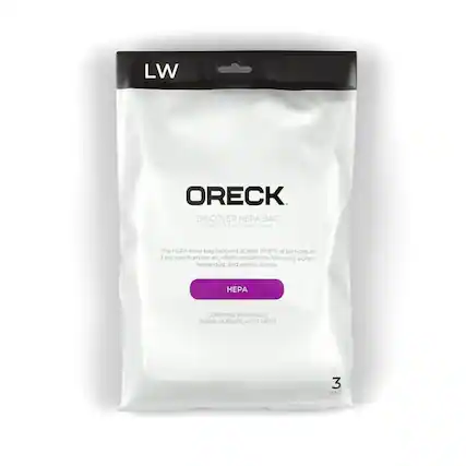 LW
ORECK
DISCOVER HEPA BAG
The HEPA inner bag captures at least 99.97% of particles at 3 microns from the air, which includes the following: pollen, house dust, and animal dander
HEPA
COMPATIBLE WITH MODELS: URS0500, URS0500PC, LW100, W1500
3 BAGS