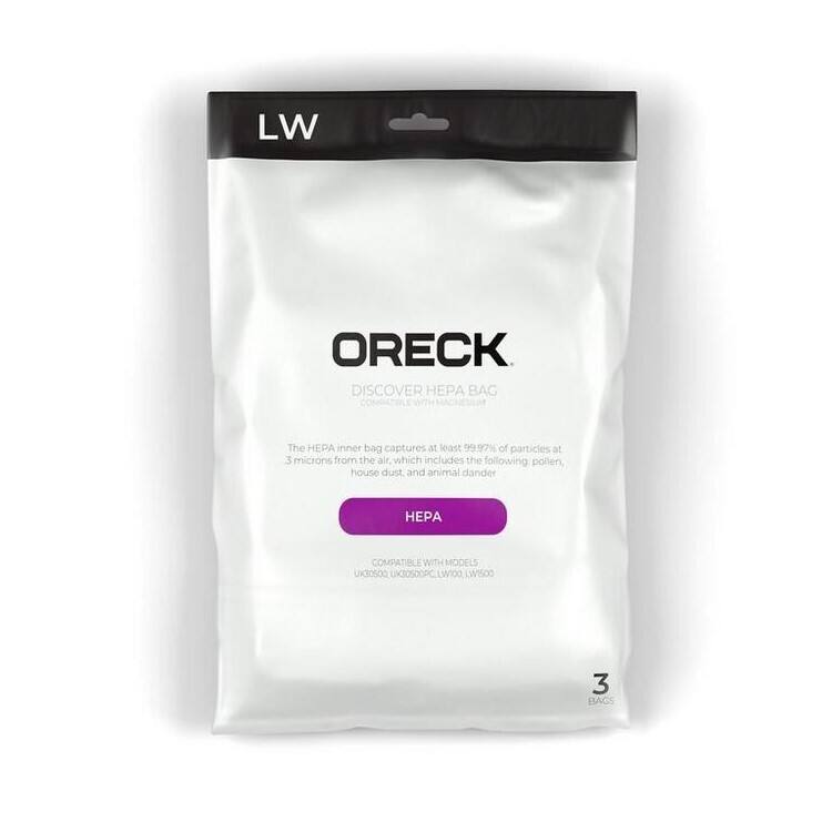 LW  
ORECK  
DISCOVER HEPA BAG  

The HEPA inner bag captures at least 99.97% of particles at 3 microns from the air, which includes the following: pollen, house dust, and animal dander  

HEPA  

COMPATIBLE WITH MODELS: URS0500, URS0500PC, LW100, W1500  

3 BAGS