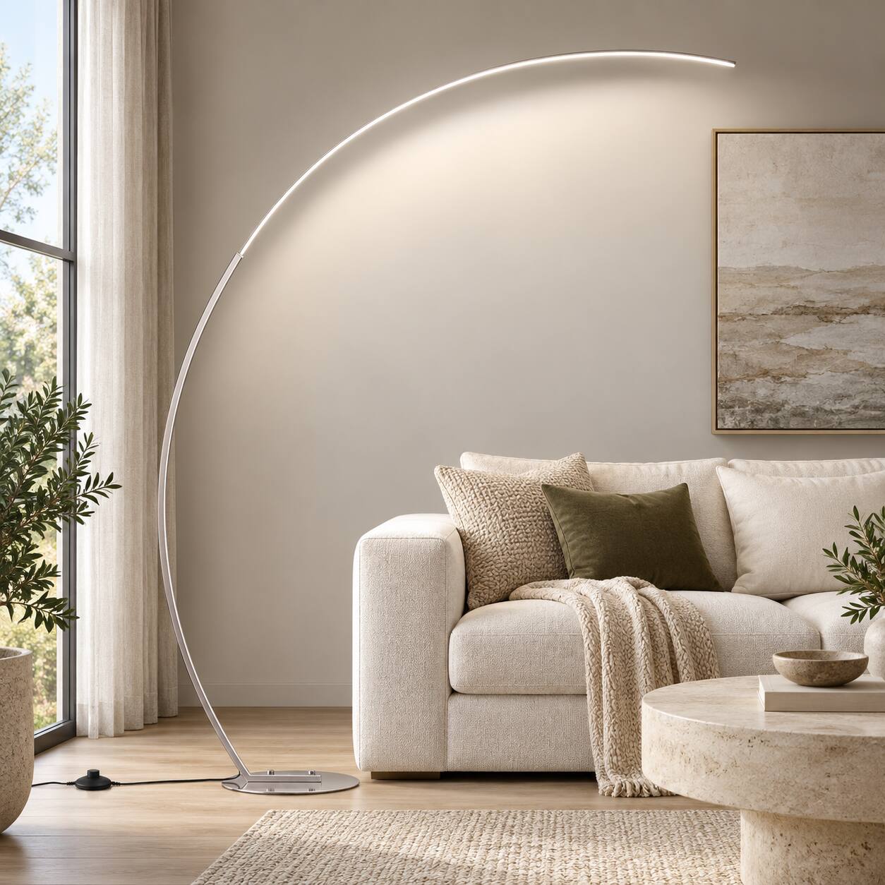 Angle. E.P. Light - 70" Contemporary Silver Curved Arc Floor Lamp with Remote & Foot Pedal - Silver.