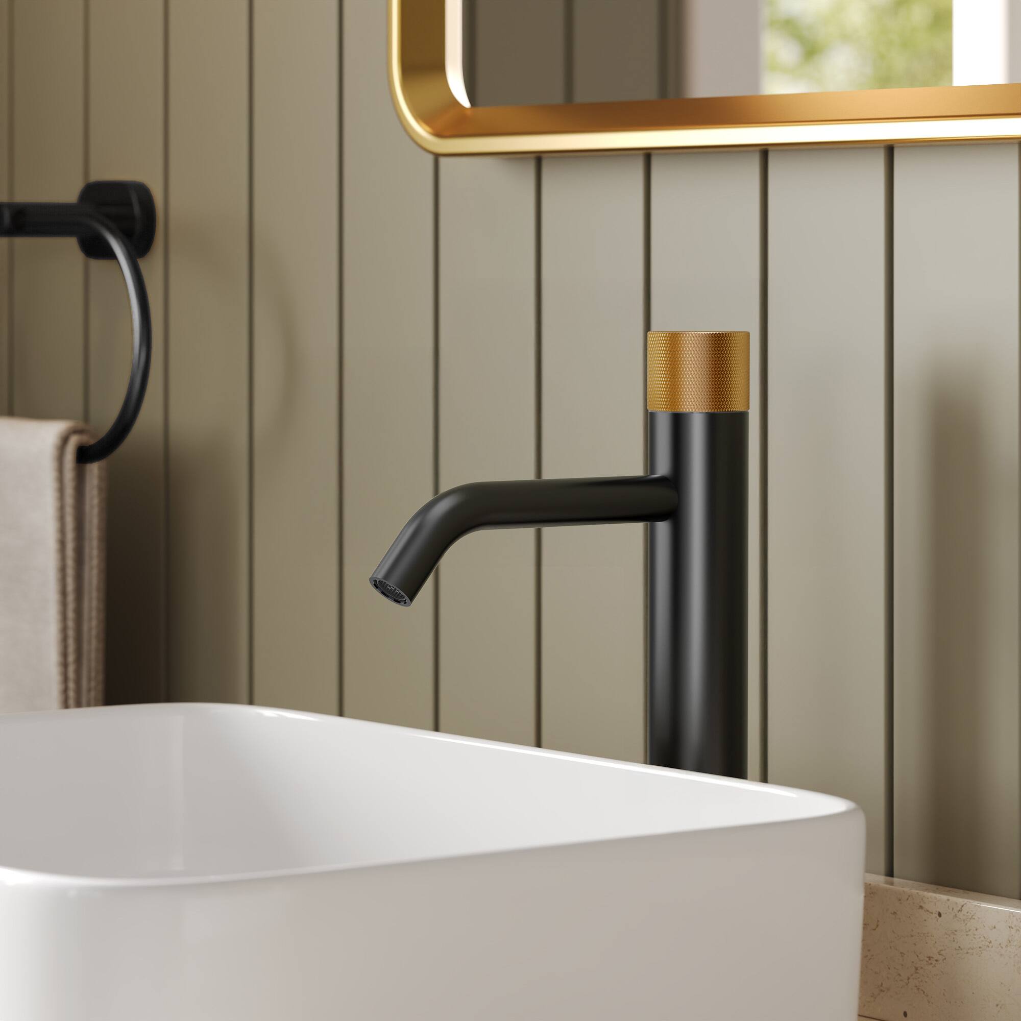 Angle. GRANDJOY - 12 in Single Handle Vessel Bathroom Faucet with Pop-Up Drain, 1.0 GPM Mid-Arc Spout - Matte Black&Brushed Gold.