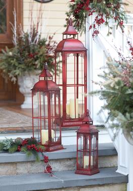 BreeBe - Ornamental Metal Floor Lantern (Set of 3) - Red