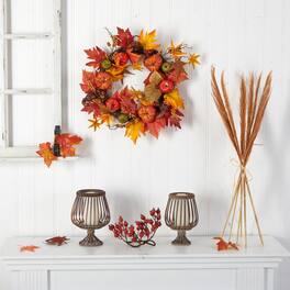 BreeBe - 24" Autumn Pumpkin and Berries Artificial Fall Wreath - Green