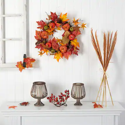 Front. BreeBe - 24" Autumn Pumpkin and Berries Artificial Fall Wreath - Green.