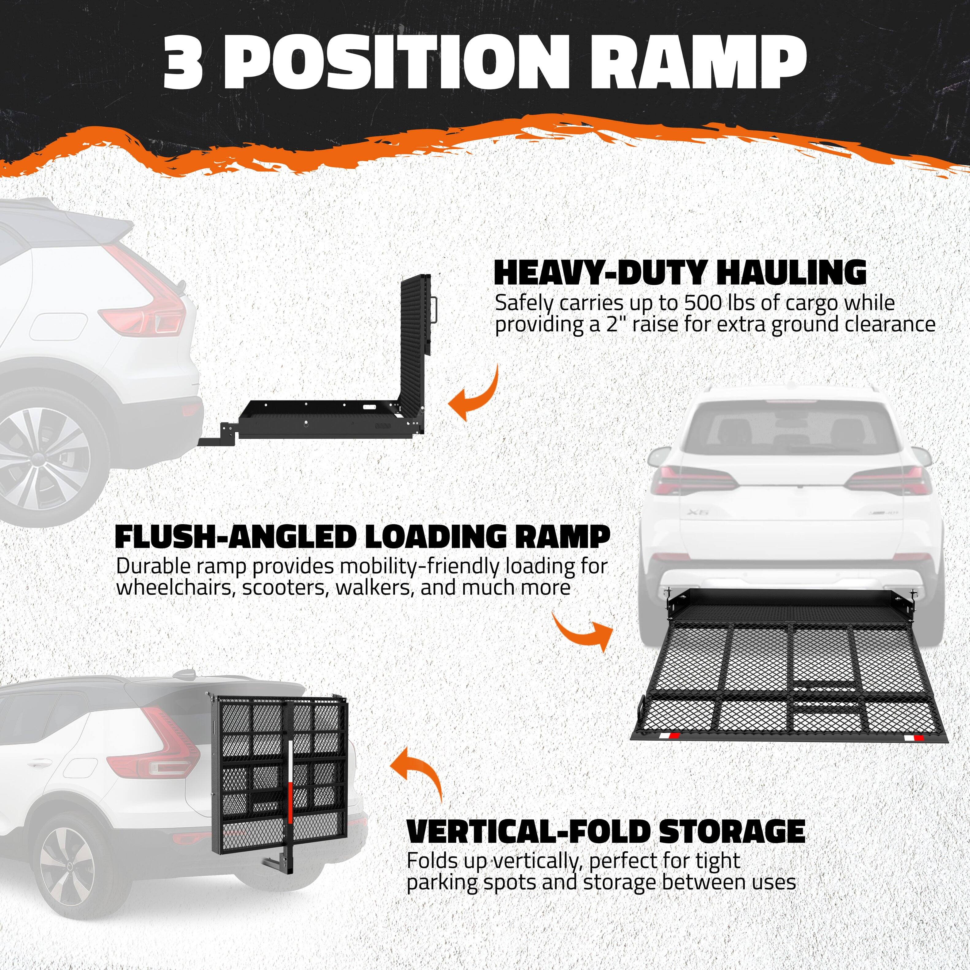 3 POSITION RAMP

HEAVY-DUTY HAULING  
Safely carries up to 500 lbs of cargo while providing a 2" raise for extra ground clearance

FLUSH-ANGLED LOADING RAMP  
Durable ramp provides mobility-friendly loading for wheelchairs, scooters, walkers, and much more

VERTICAL-FOLD STORAGE  
Folds up vertically, perfect for tight parking spots and storage between uses
