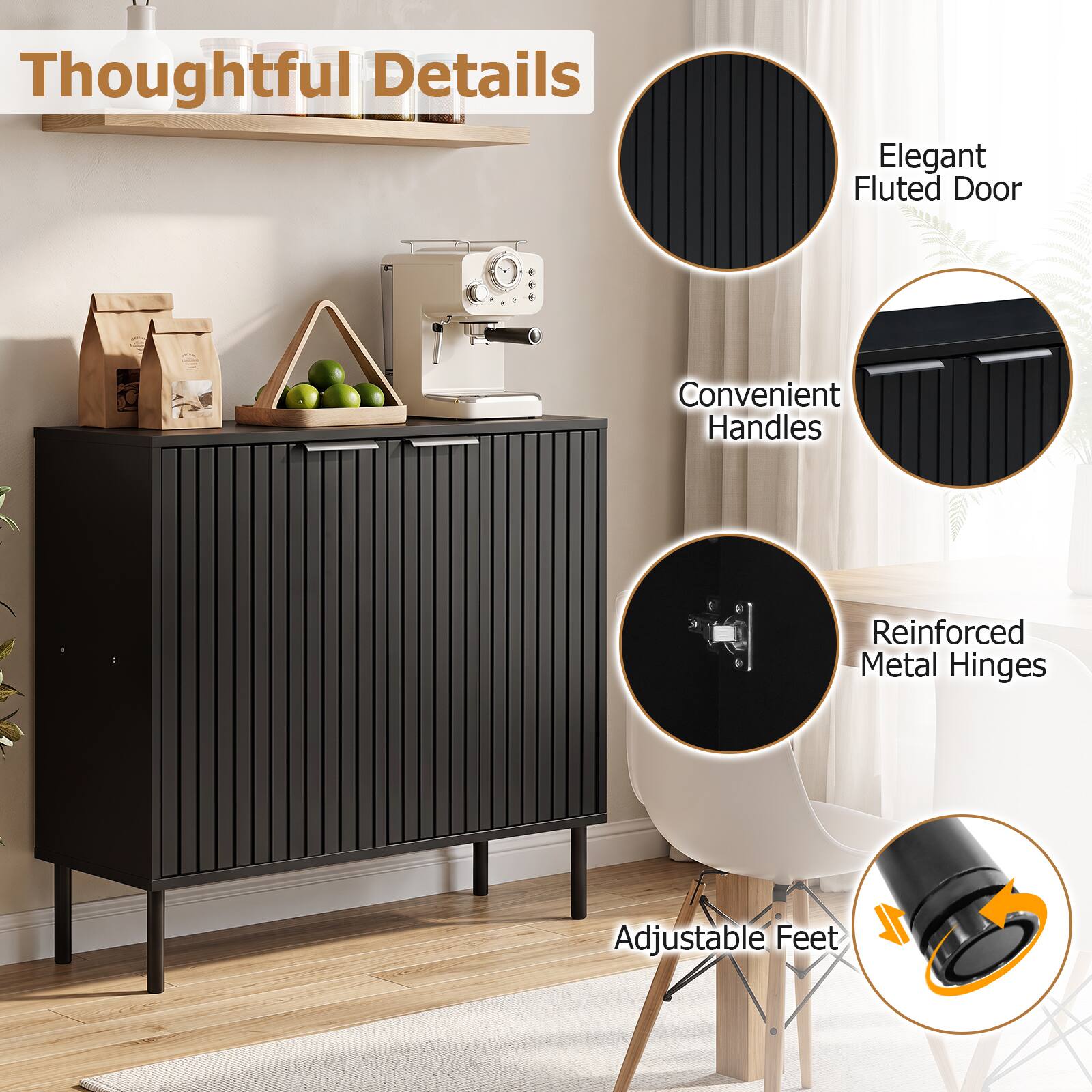 Thoughtful Details

- Elegant Fluted Door
- Convenient Handles
- Reinforced Metal Hinges
- Adjustable Feet
