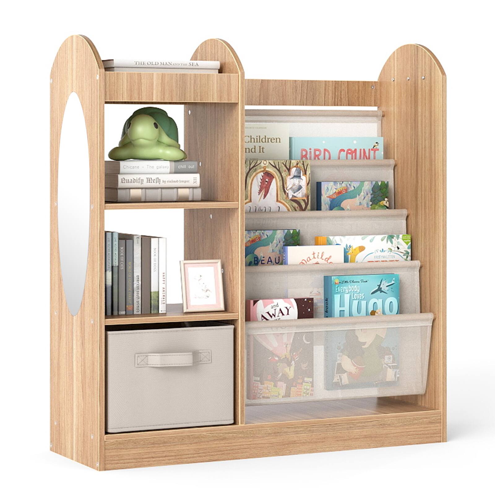 Gymax - Kids Bookshelf w/ Full-Length Mirror 4-Tier Sling Shelves & Fabric Drawer Natural - Yellow price history on PriceWatchPro