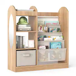 Gymax - Kids Bookshelf w/ Full-Length Mirror 4-Tier Sling Shelves & Fabric Drawer Natural - Yellow