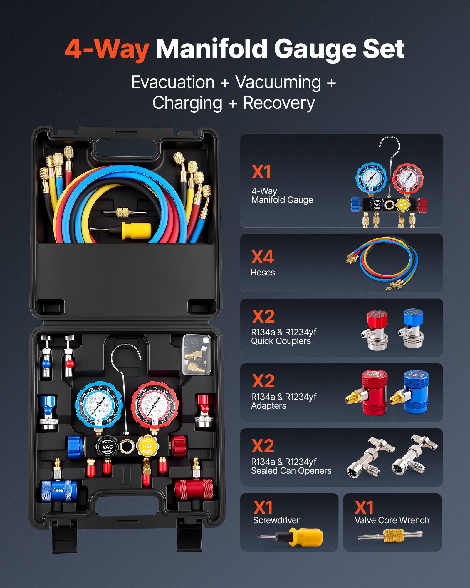 4-Way Manifold Gauge Set Evacuation + Vacuuming + Charging + Recovery

- X1 4-Way Manifold Gauge
- X4 Hoses
- X2 R134a & R1234yf Quick Couplers
- X2 R134a & R1234yf Adapters
- X2 R134a & R1234yf Sealed Can Openers
- X1 Screwdriver
- X1 Valve Core Wrench