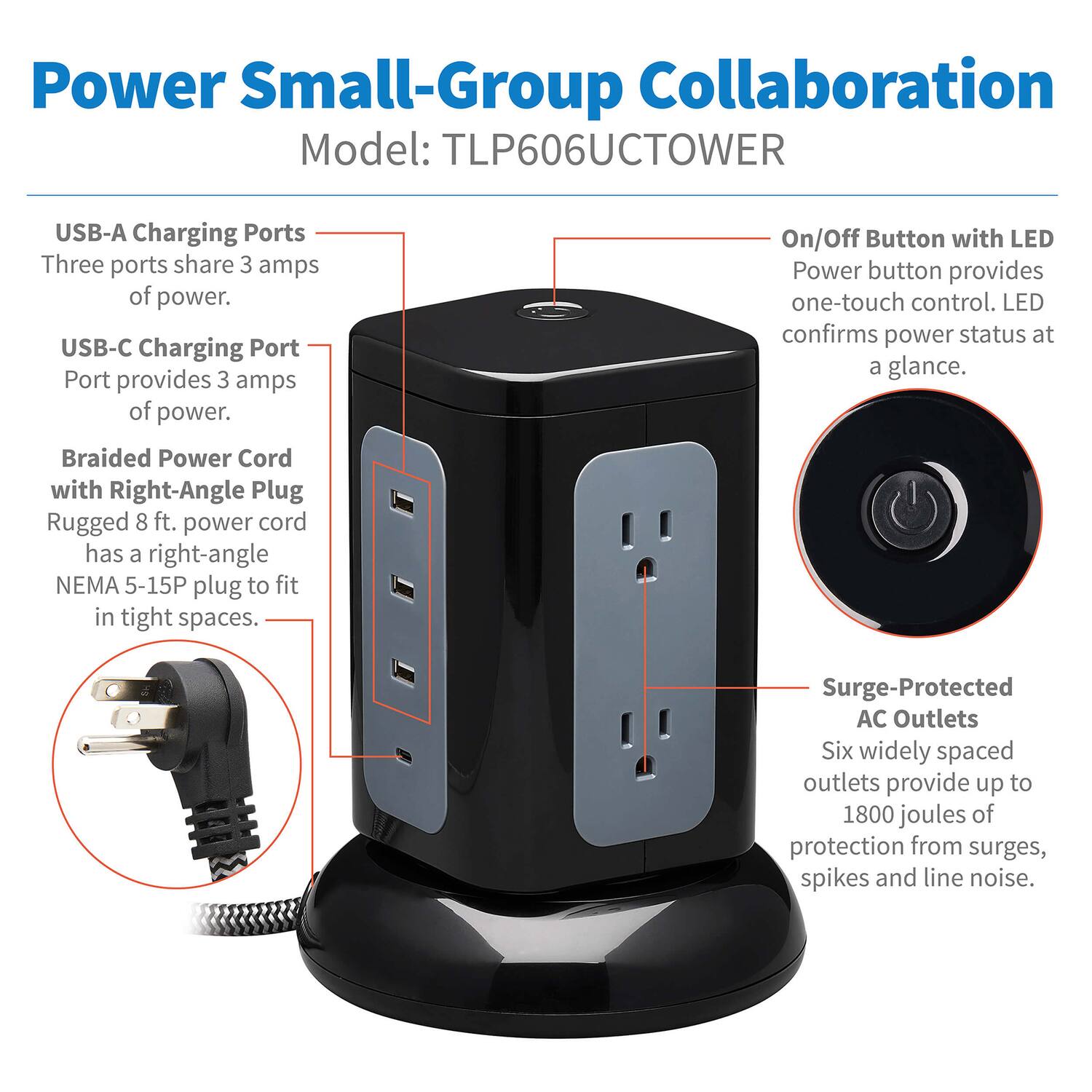 Power Small-Group Collaboration  
Model: TLP606UCTOWER  

- USB-A Charging Ports  
  Three ports share 3 amps of power.  

- USB-C Charging Port  
  Port provides 3 amps of power.  

- Braided Power Cord with Right-Angle Plug  
  Rugged 8 ft. power cord has a right-angle NEMA 5-15P plug to fit in tight spaces.  

- On/Off Button with LED  
  Power button provides one-touch control. LED confirms power status at a glance.  

- Surge-Protected AC Outlets  
  Six widely spaced outlets provide up to 1800 joules of protection from surges, spikes, and line noise.