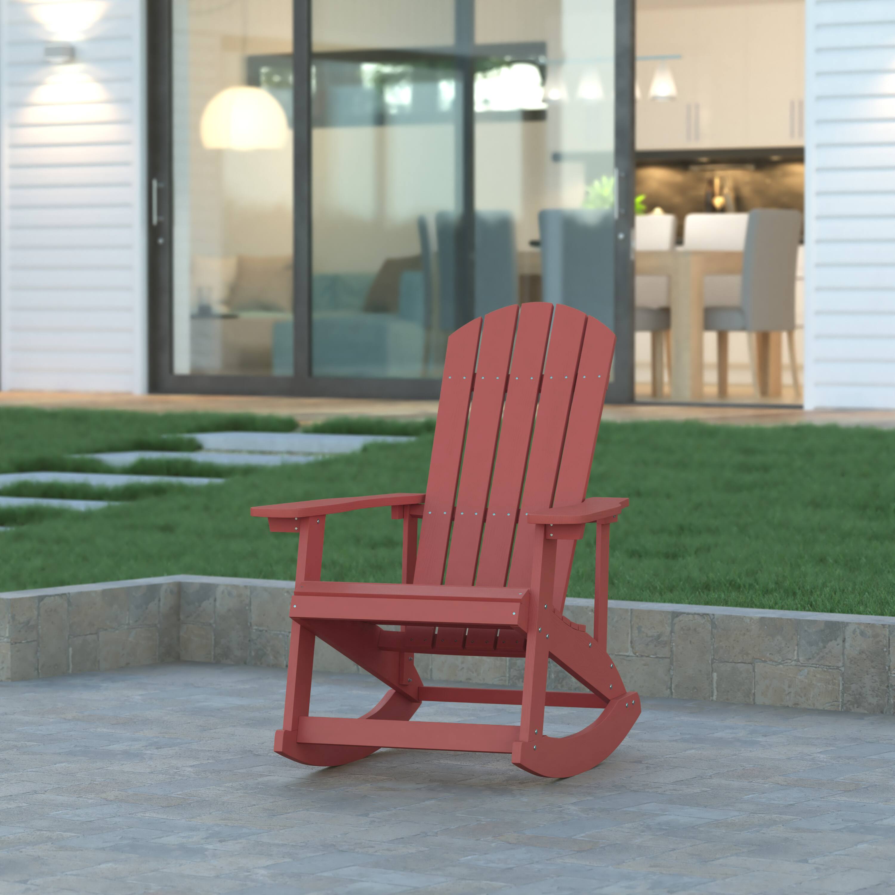 Alt View 1. Emma + Oliver - Classic All-Weather Poly Resin Rocking Adirondack Chair with Stainless Steel Hardware for Year Round Use - Red.