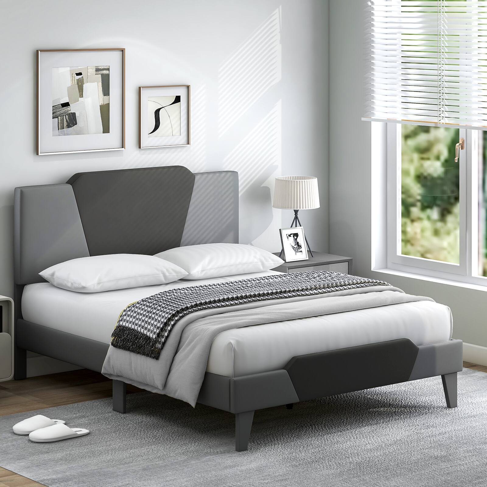Alt View 10. Ecooso - Full Velvet Upholstered Bed Frame with High Headboard - Gray.