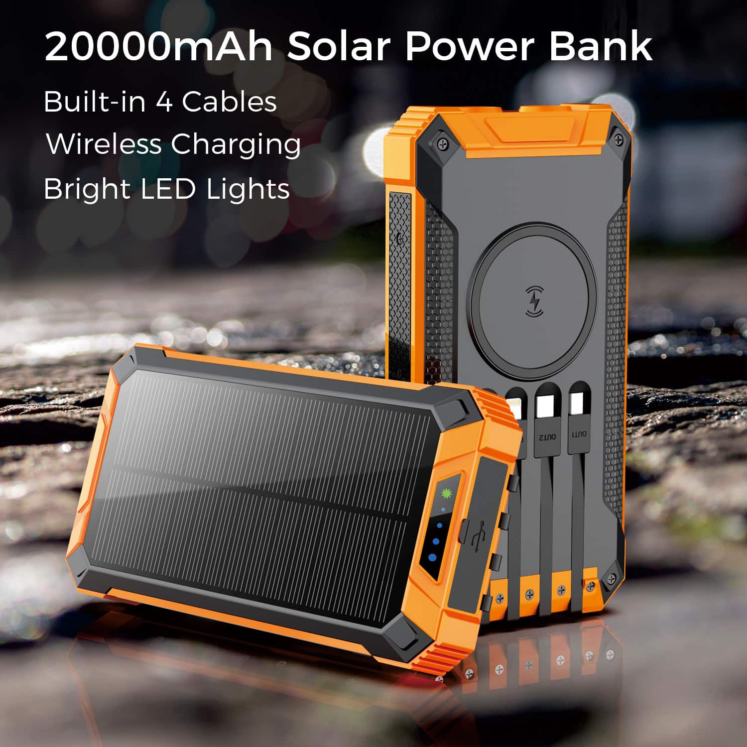 20000mAh Solar Power Bank, Built-in 4 Cables, Wireless Charging, Bright LED Lights, D, E, ZINO, LUNO