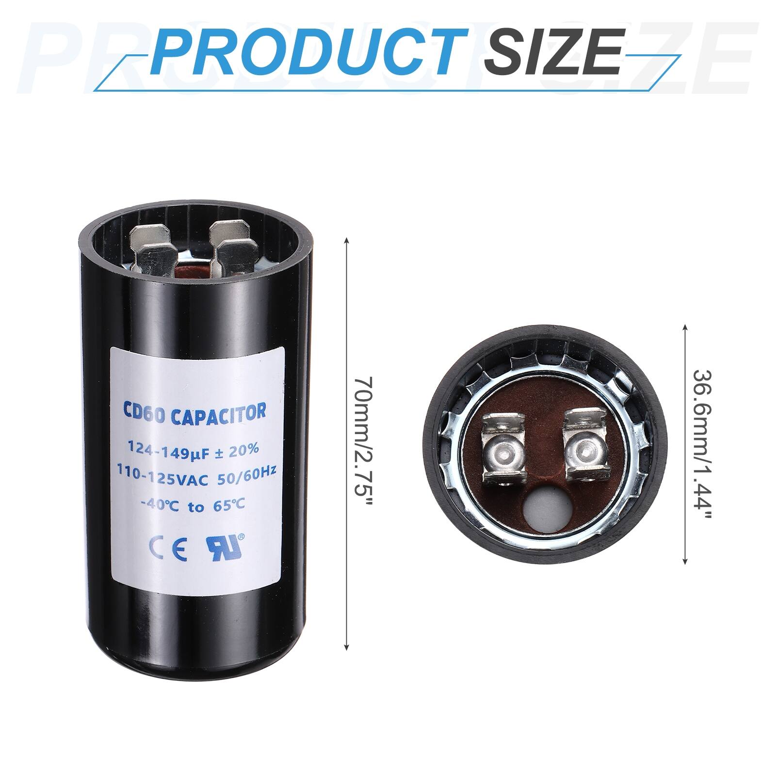 PEPRO PRODUCT SIZE EZE CD60 CAPACITOR 124-149uF 20% 110-125VAC 50/60Hz -40C to 65C CE C E LR 70mm/2.75" 36.6mm/1.44" .44"