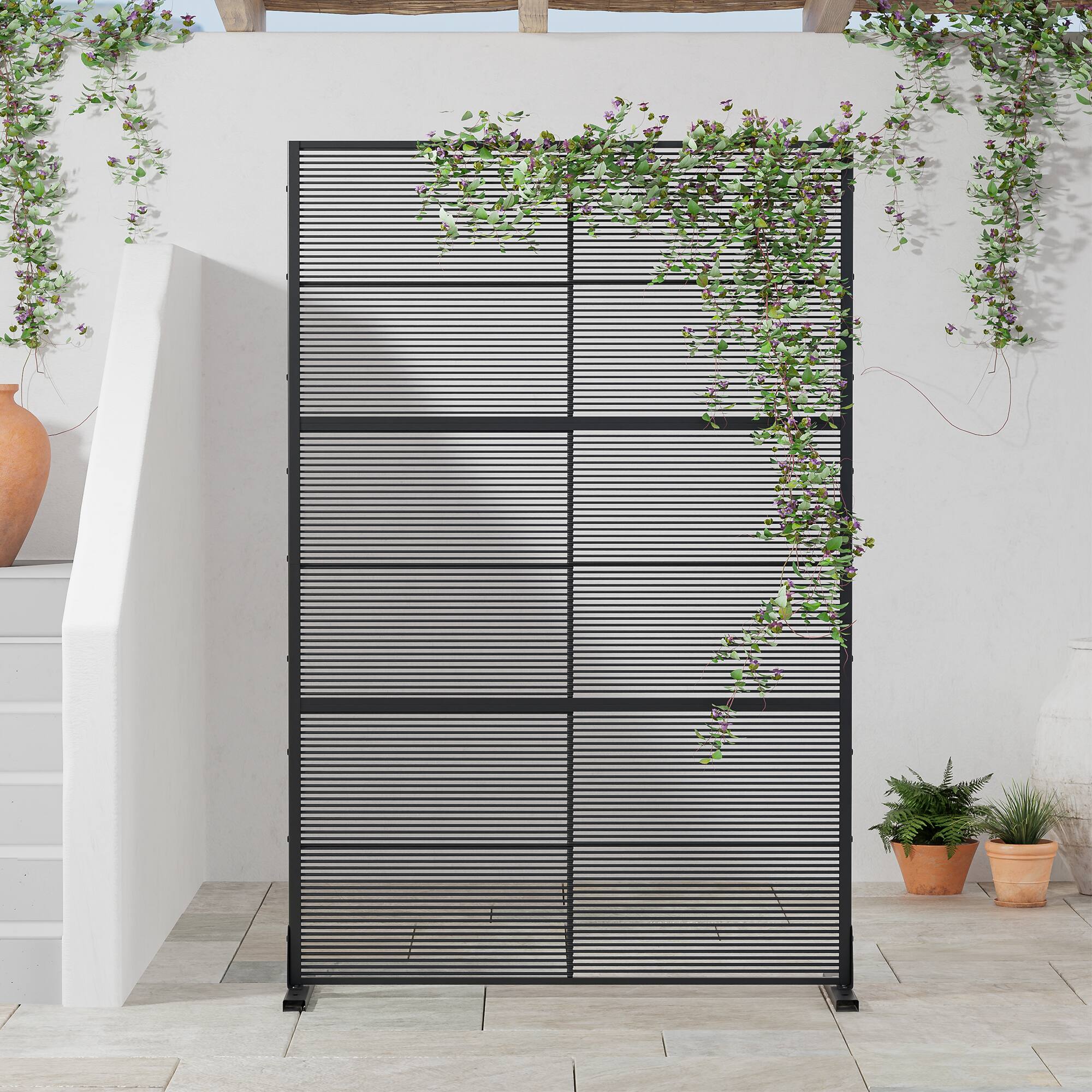 Alt View 1. PexFix - 72 in. x 47 in. Rattan Horizontal Pattern Metal Outdoor Privacy Screen & Panels, Freestanding Garden Divider Fence - Black.