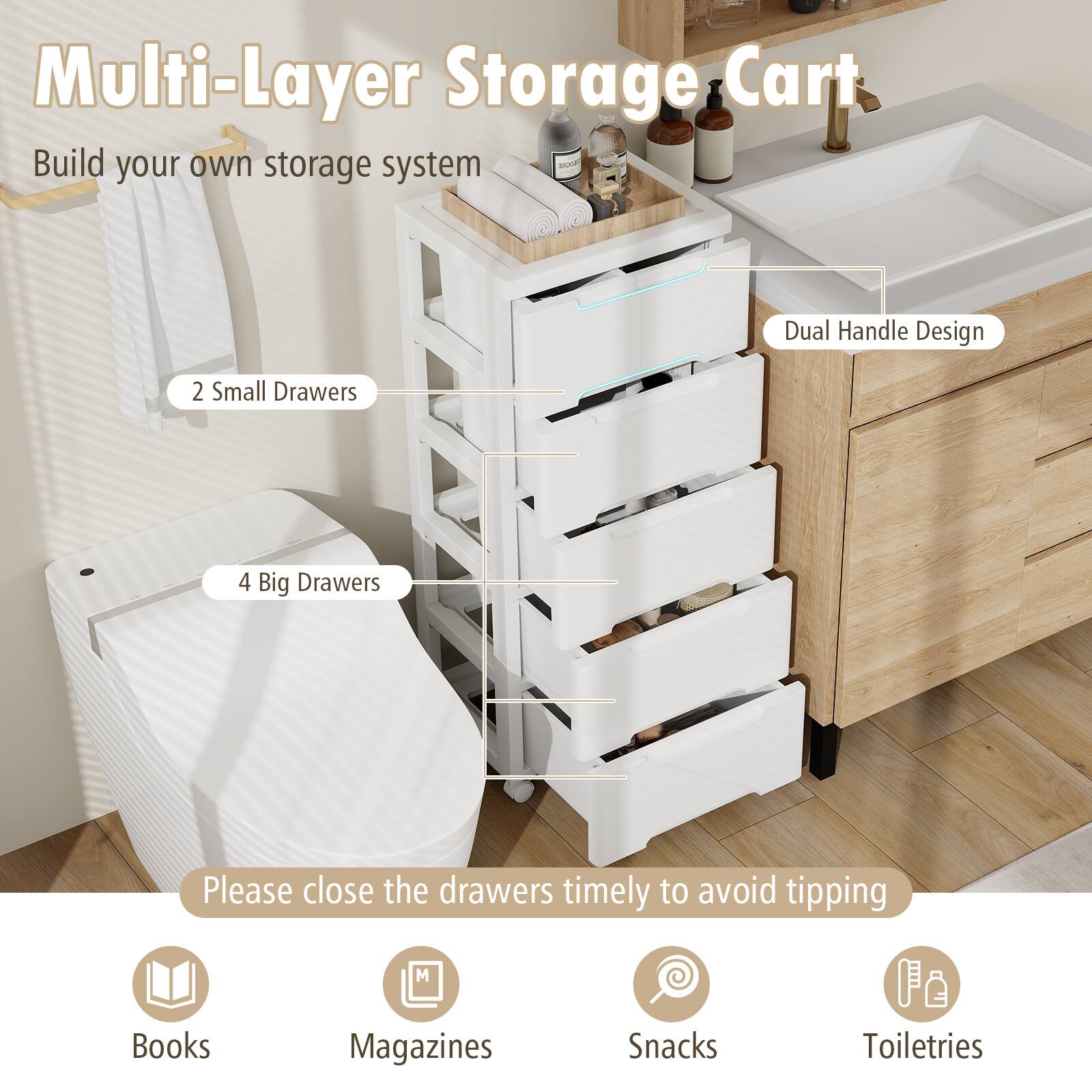 Multi-Layer Storage Cart, Build your own storage system, Dual Handle Design, 2 Small Drawers, 4 Big Drawers, Please close the drawers timely to avoid tipping, Books, Magazines, Snacks, Toiletries